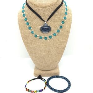 3/$30 Y2K LIA SOPHIA CHOKER BLUE PENDANT NECKLACE FLOWER BEAD BRACELET LOT